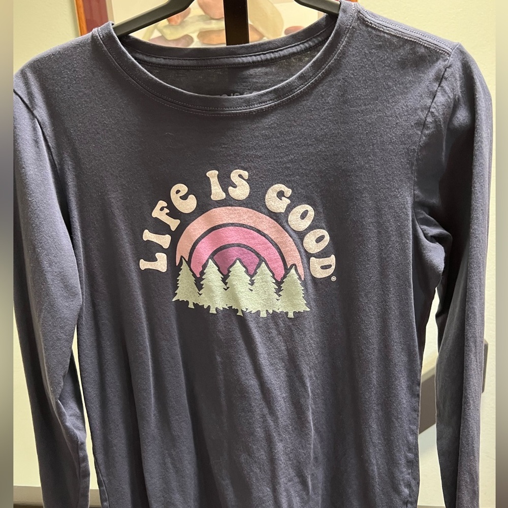 Life Is Good Women's Blue Long Sleeve Tee with Pink Rainbow #221